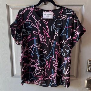 Karl Lagerfeld Black Tee with Pink and Blue Graphics